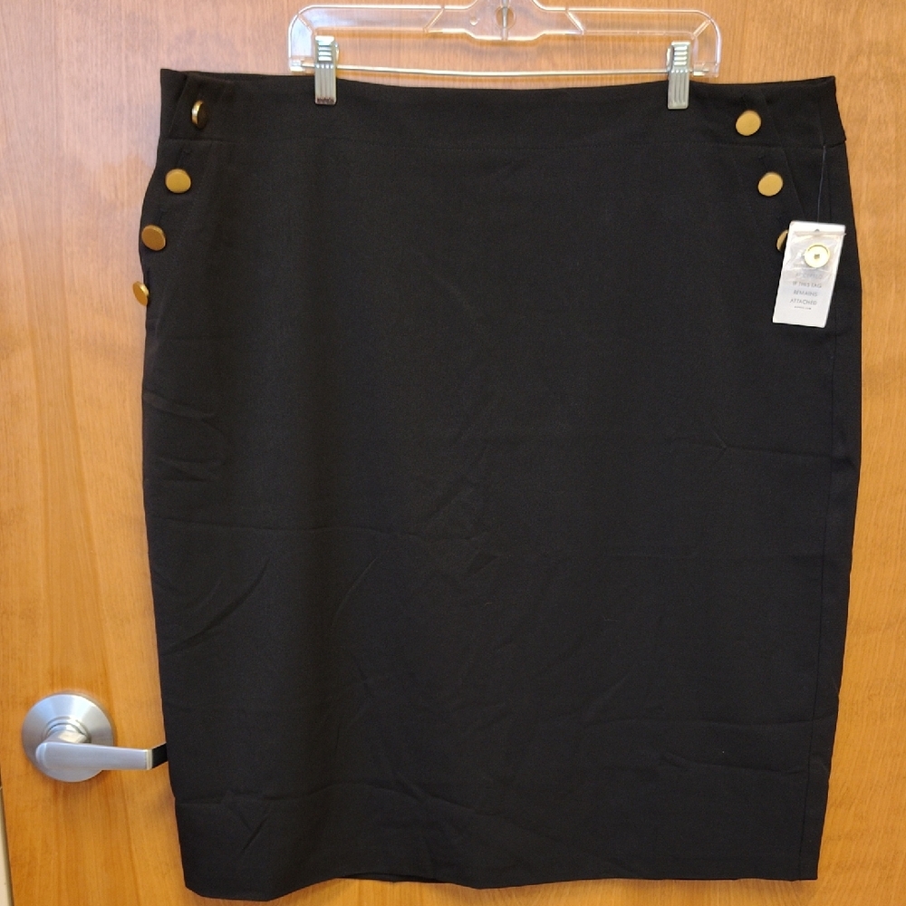 Eloquii Black Pencil Skirt with Gold Button Accents